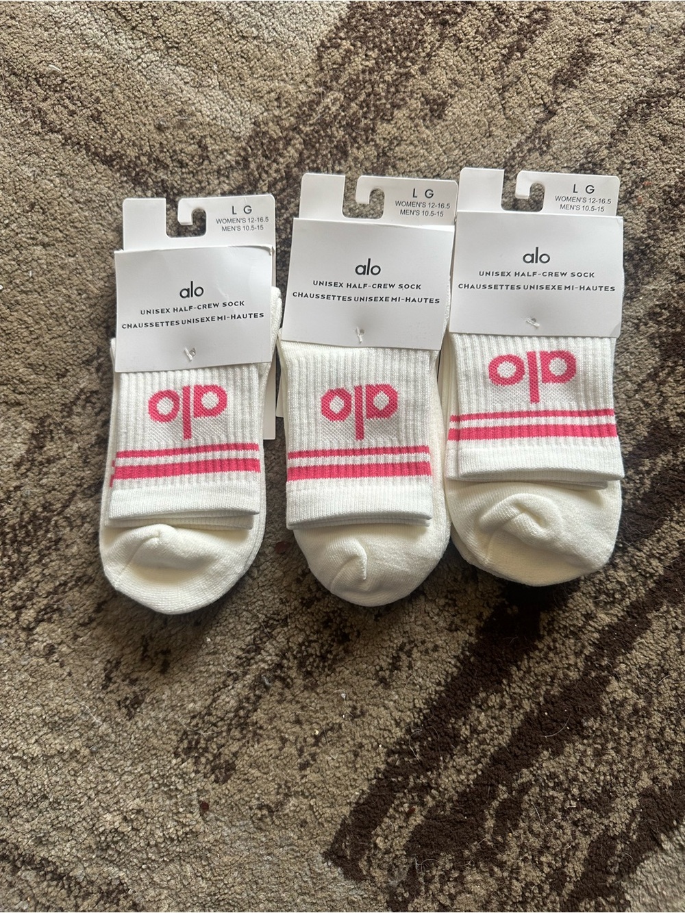 ALO Yoga White Half-Crew Athletic Socks with Pink Stripes